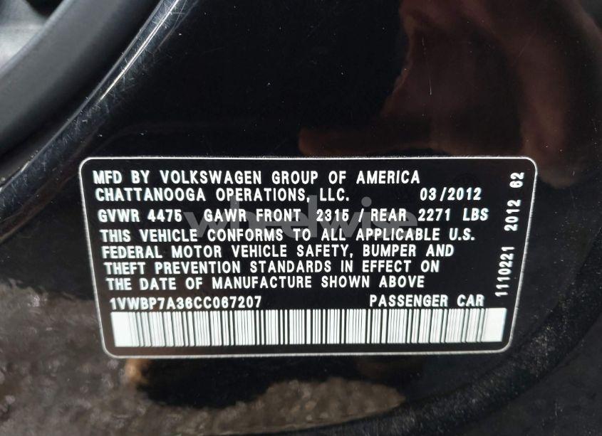 Photo 9 of 2012 Volkswagen Passat 2.5L SE (VIN 1VWBP7A36CC067207)