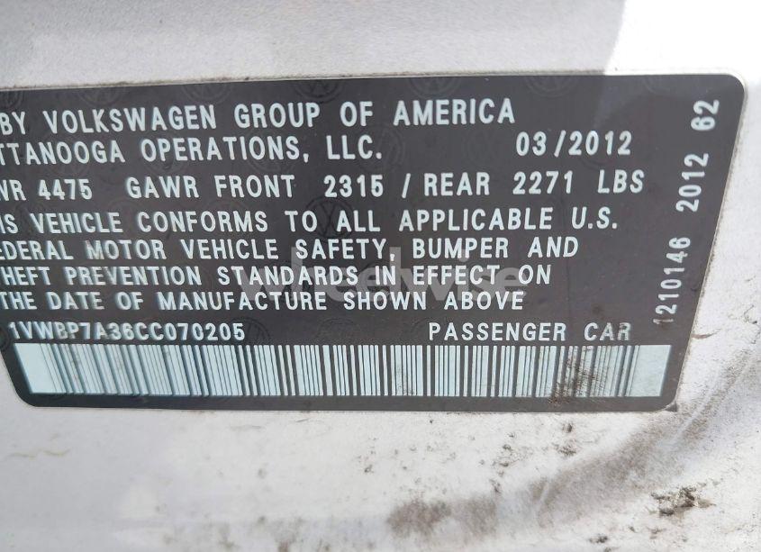 Photo 9 of 2012 Volkswagen Passat 2.5L SE (VIN 1VWBP7A36CC070205)