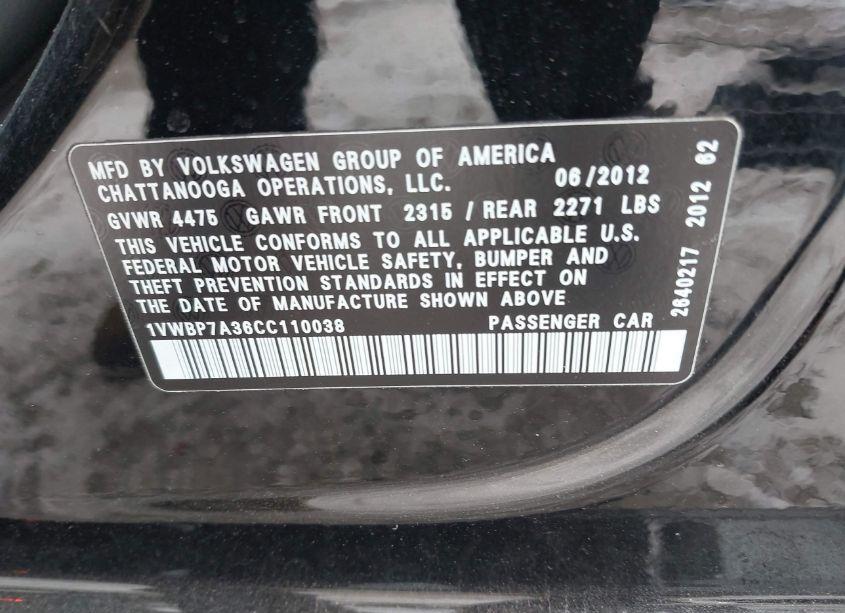 Photo 9 of 2012 Volkswagen Passat 2.5L SE (VIN 1VWBP7A36CC110038)