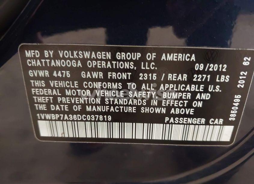 Photo 9 of 2013 Volkswagen Passat 2.5L SE (VIN 1VWBP7A36DC037819)