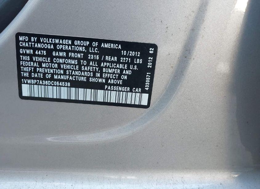 Photo 9 of 2013 Volkswagen Passat 2.5L SE (VIN 1VWBP7A36DC054538)
