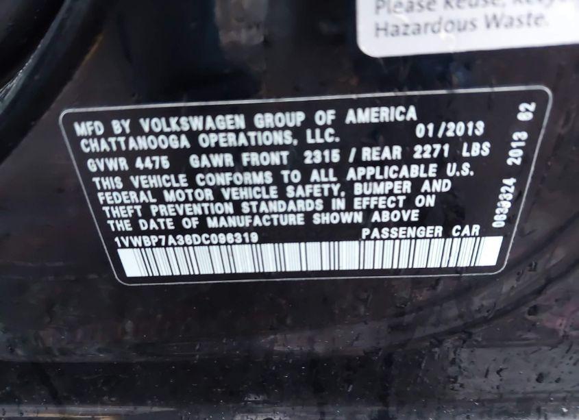 Photo 9 of 2013 Volkswagen Passat 2.5L SE (VIN 1VWBP7A36DC096319)