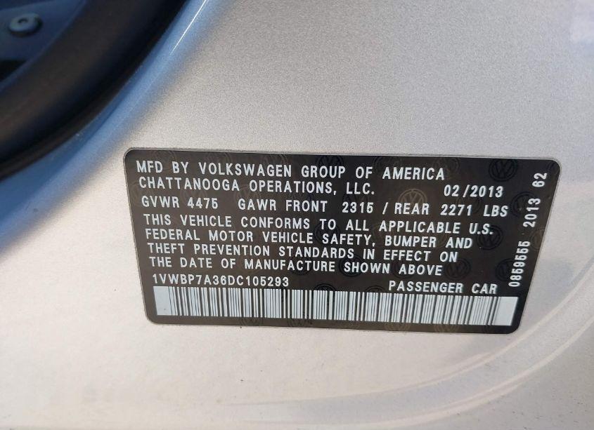 Photo 9 of 2013 Volkswagen Passat 2.5L SE (VIN 1VWBP7A36DC105293)