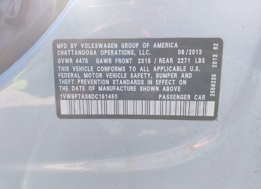 Photo 9 of 2013 Volkswagen Passat 2.5L SE (VIN 1VWBP7A36DC151450)
