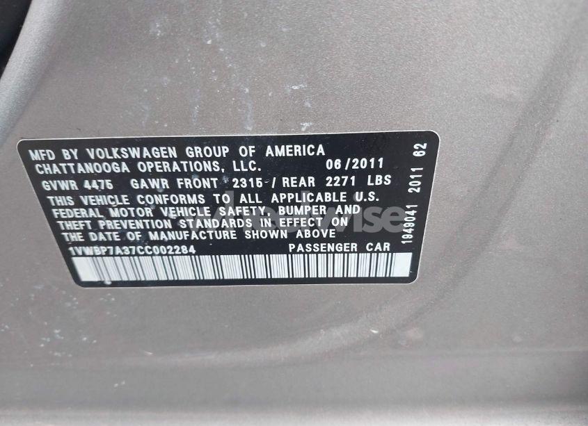 Photo 9 of 2012 Volkswagen Passat 2.5L SE (VIN 1VWBP7A37CC002284)