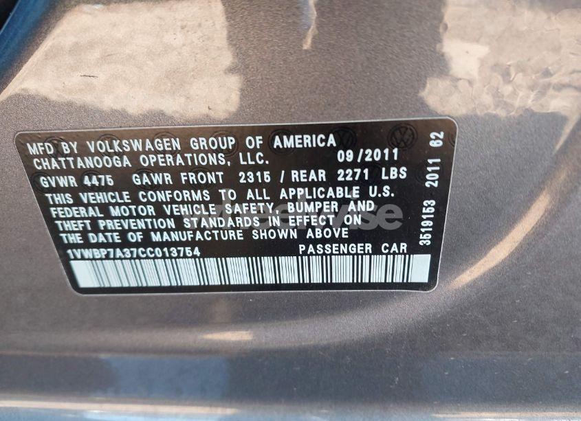 Photo 9 of 2012 Volkswagen Passat 2.5L SE (VIN 1VWBP7A37CC013754)