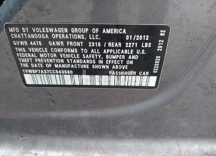 Photo 9 of 2012 Volkswagen Passat 2.5L SE (VIN 1VWBP7A37CC043580)