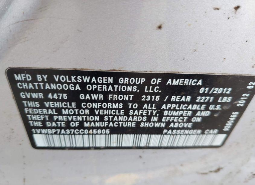 Photo 9 of 2012 Volkswagen Passat 2.5L SE (VIN 1VWBP7A37CC045605)