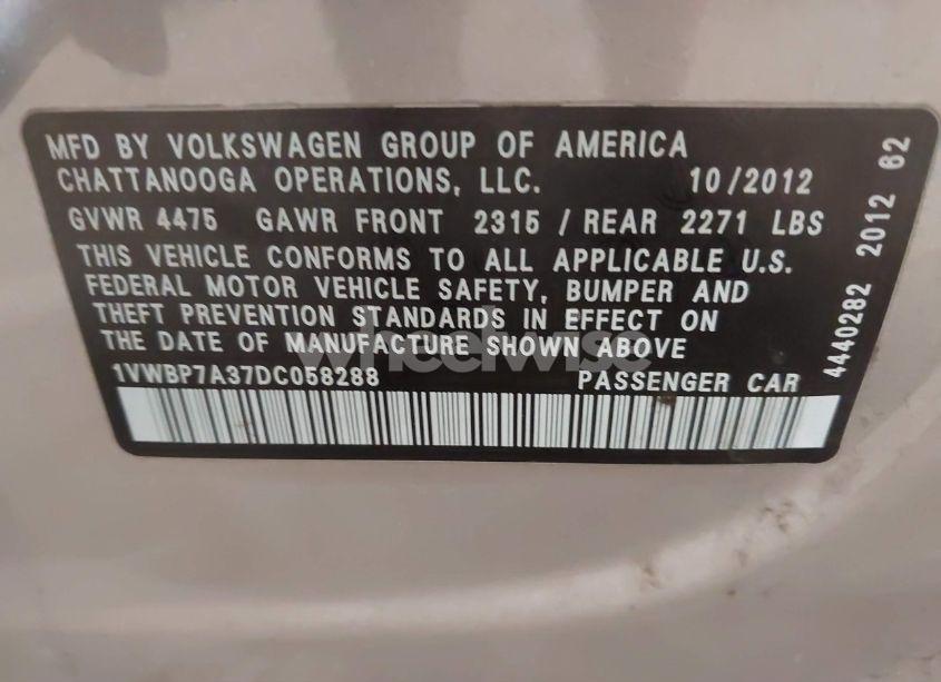 Photo 9 of 2013 Volkswagen Passat 2.5L SE (VIN 1VWBP7A37DC058288)