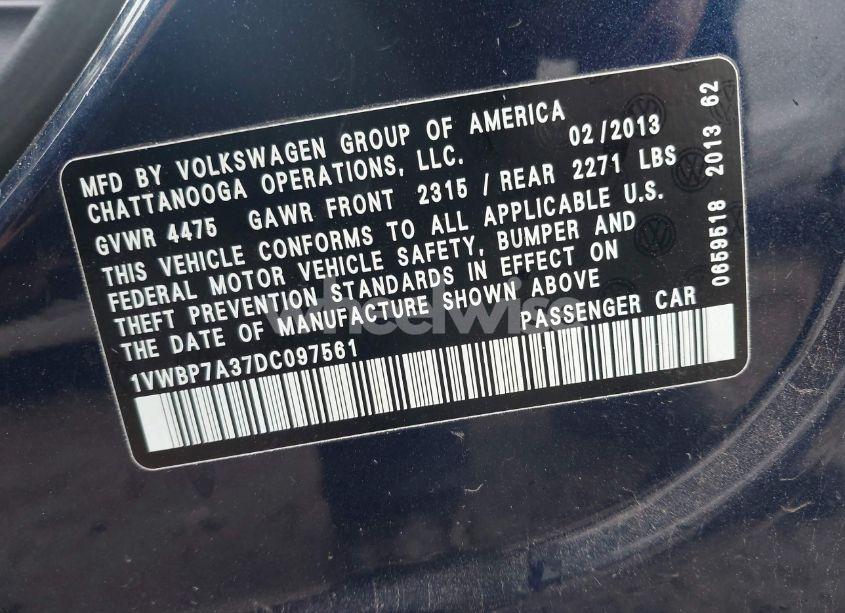 Photo 9 of 2013 Volkswagen Passat 2.5L SE (VIN 1VWBP7A37DC097561)