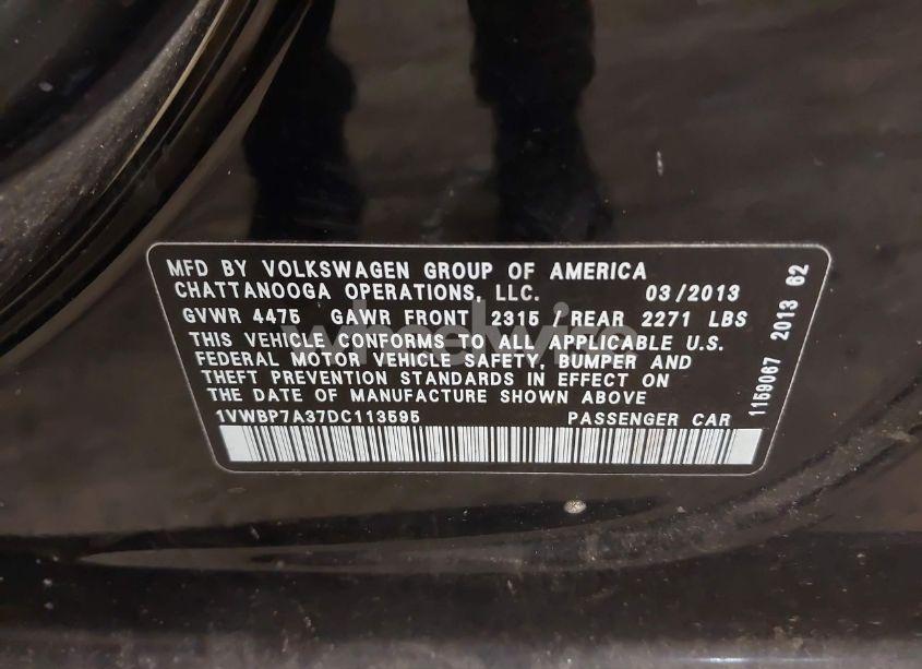 Photo 9 of 2013 Volkswagen Passat 2.5L SE (VIN 1VWBP7A37DC113595)