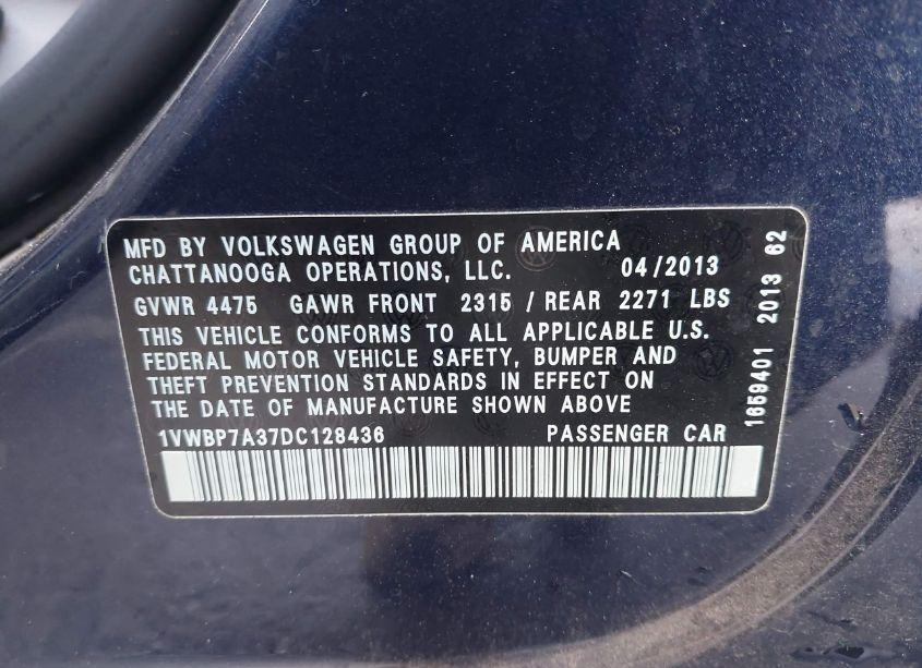 Photo 9 of 2013 Volkswagen Passat 2.5L SE (VIN 1VWBP7A37DC128436)