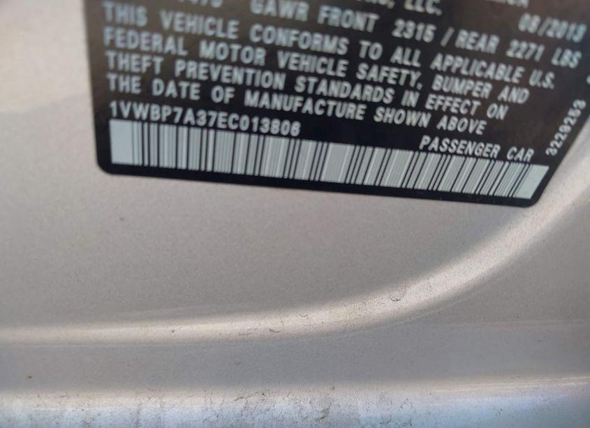 Photo 9 of 2014 Volkswagen Passat 2.5L SE (VIN 1VWBP7A37EC013806)