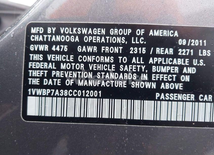 Photo 9 of 2012 Volkswagen Passat 2.5L SE (VIN 1VWBP7A38CC012001)