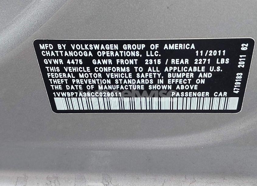 Photo 9 of 2012 Volkswagen Passat 2.5L SE (VIN 1VWBP7A38CC029011)