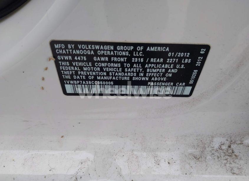 Photo 9 of 2012 Volkswagen Passat 2.5L SE (VIN 1VWBP7A38CC050005)