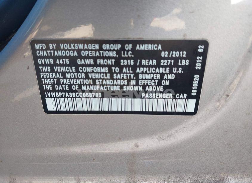 Photo 9 of 2012 Volkswagen Passat 2.5L SE (VIN 1VWBP7A38CC058783)