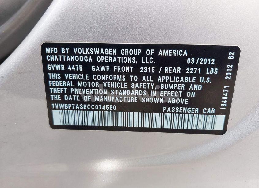 Photo 9 of 2012 Volkswagen Passat 2.5L SE (VIN 1VWBP7A38CC074580)