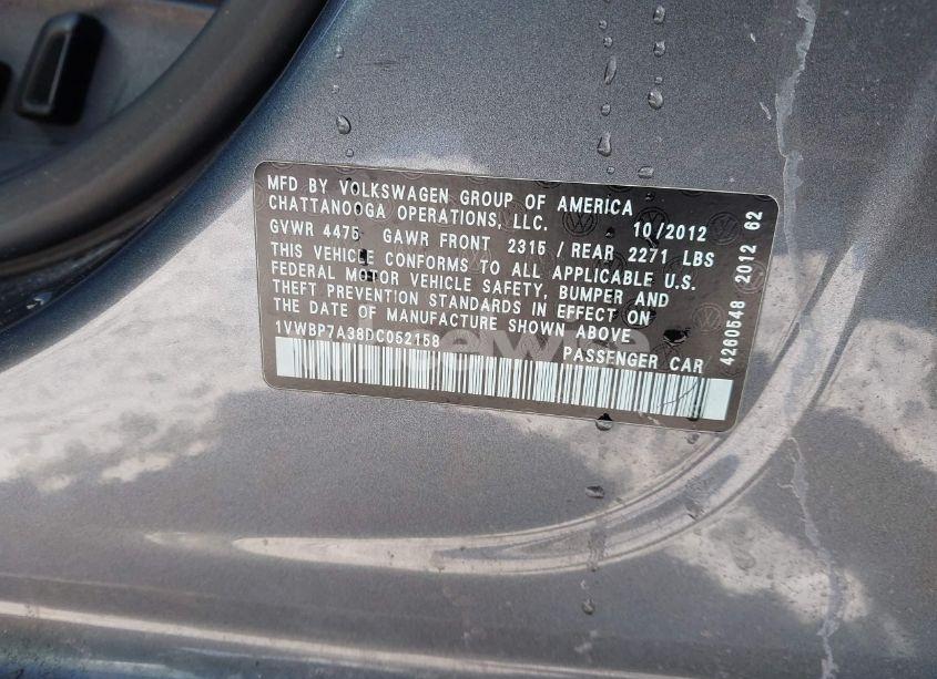 Photo 9 of 2013 Volkswagen Passat 2.5L SE (VIN 1VWBP7A38DC052158)
