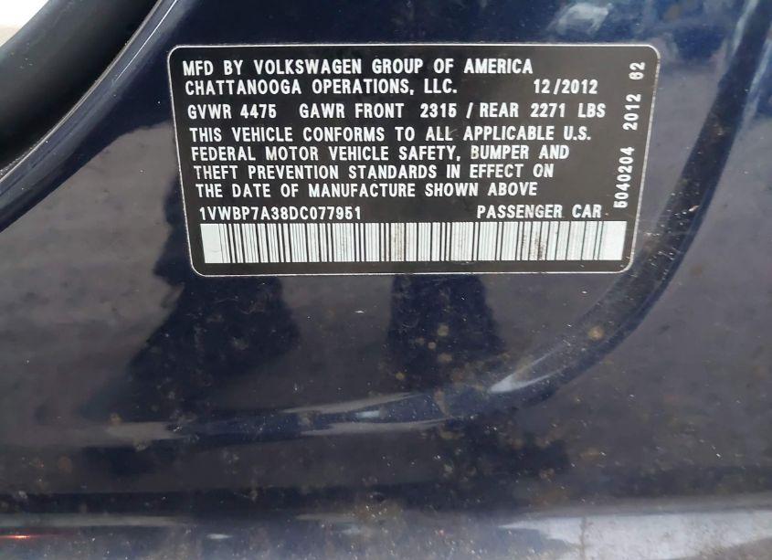 Photo 9 of 2013 Volkswagen Passat 2.5L SE (VIN 1VWBP7A38DC077951)