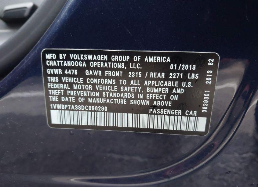 Photo 9 of 2013 Volkswagen Passat 2.5L SE (VIN 1VWBP7A38DC096290)