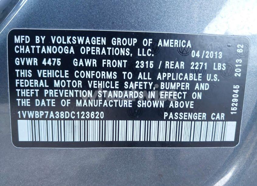 Photo 9 of 2013 Volkswagen Passat 2.5L SE (VIN 1VWBP7A38DC123620)