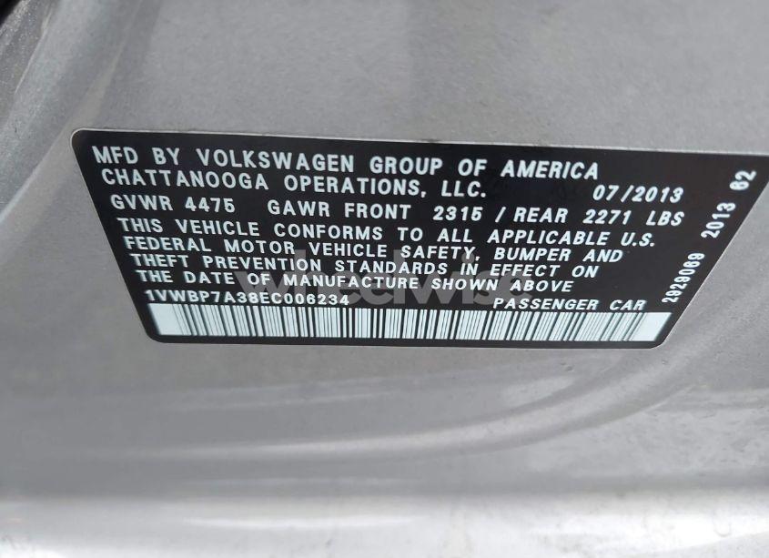 Photo 9 of 2014 Volkswagen Passat 2.5L SE (VIN 1VWBP7A38EC006234)