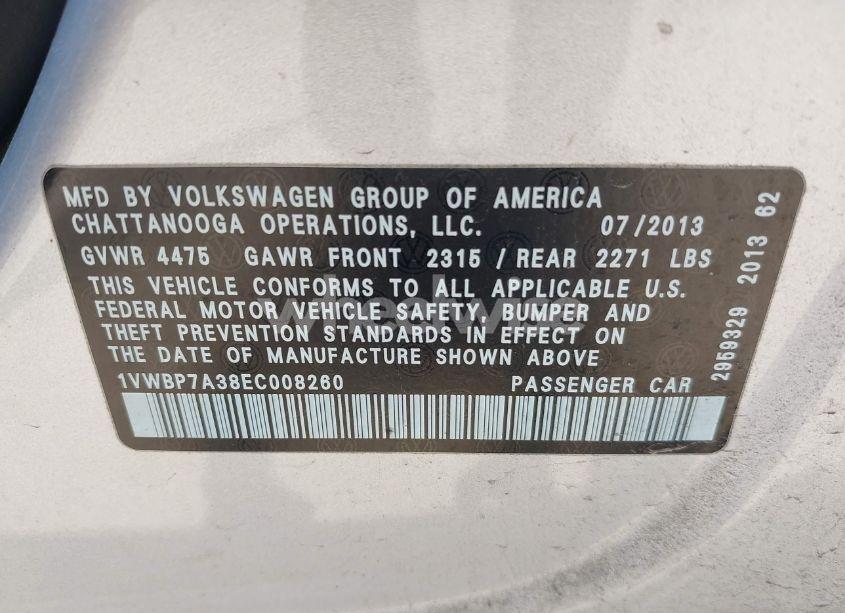 Photo 9 of 2014 Volkswagen Passat 2.5L SE (VIN 1VWBP7A38EC008260)