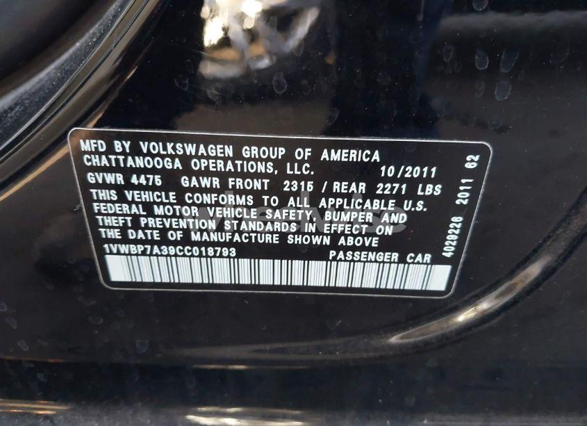 Photo 9 of 2012 Volkswagen Passat 2.5L SE (VIN 1VWBP7A39CC018793)