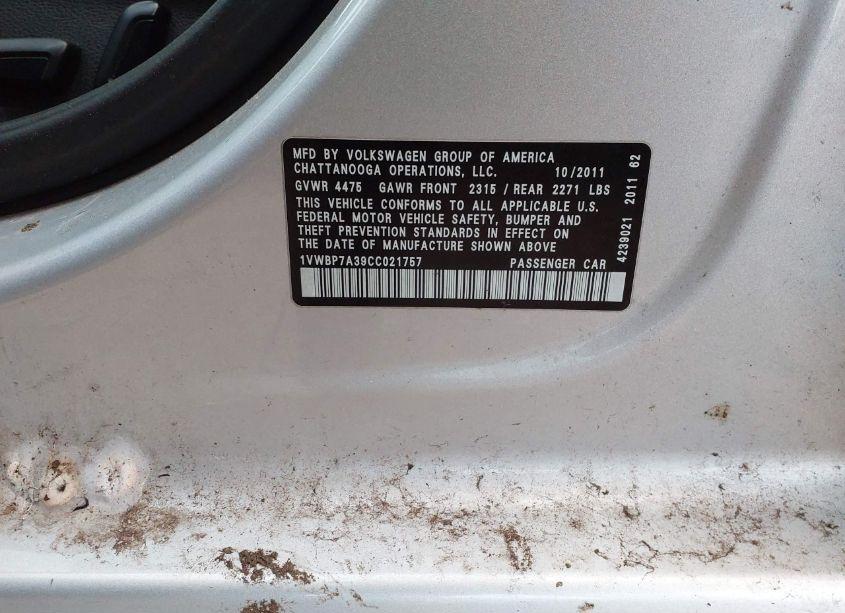 Photo 9 of 2012 Volkswagen Passat 2.5L SE (VIN 1VWBP7A39CC021757)