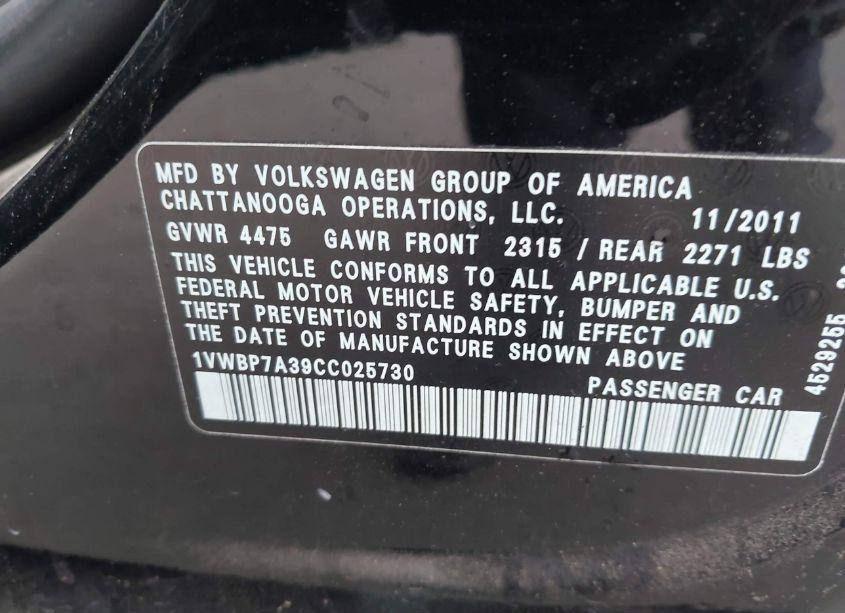 Photo 9 of 2012 Volkswagen Passat 2.5L SE (VIN 1VWBP7A39CC025730)
