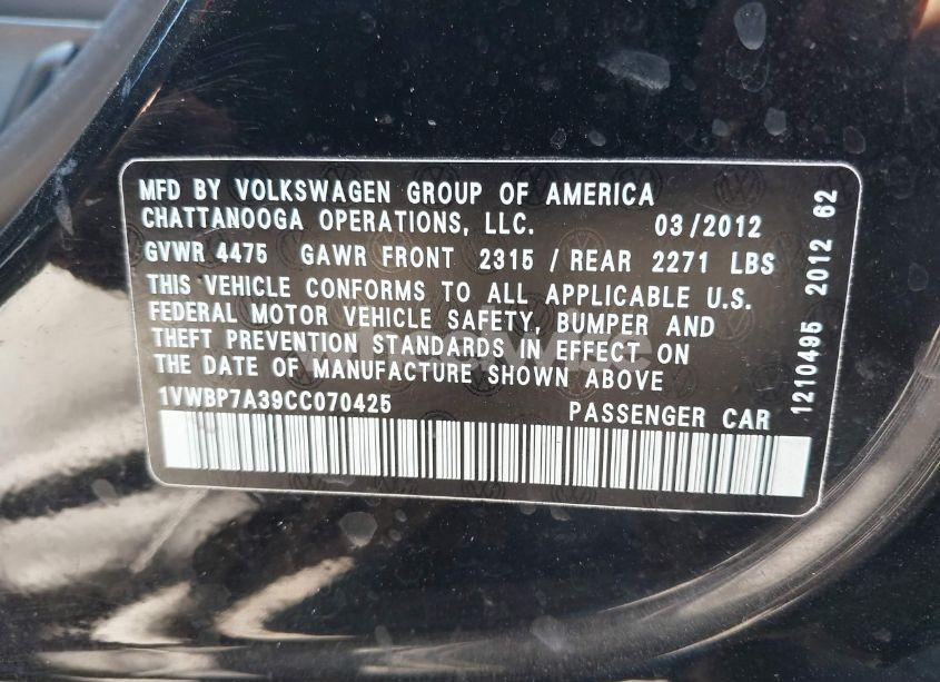 Photo 9 of 2012 Volkswagen Passat 2.5L SE (VIN 1VWBP7A39CC070425)