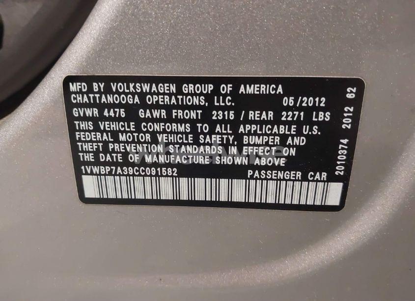Photo 9 of 2012 Volkswagen Passat 2.5L SE (VIN 1VWBP7A39CC091582)