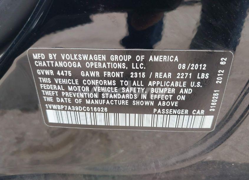 Photo 9 of 2013 Volkswagen Passat 2.5L SE (VIN 1VWBP7A39DC016026)