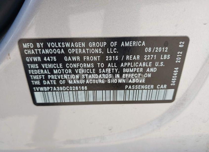 Photo 9 of 2013 Volkswagen Passat 2.5L SE (VIN 1VWBP7A39DC026166)