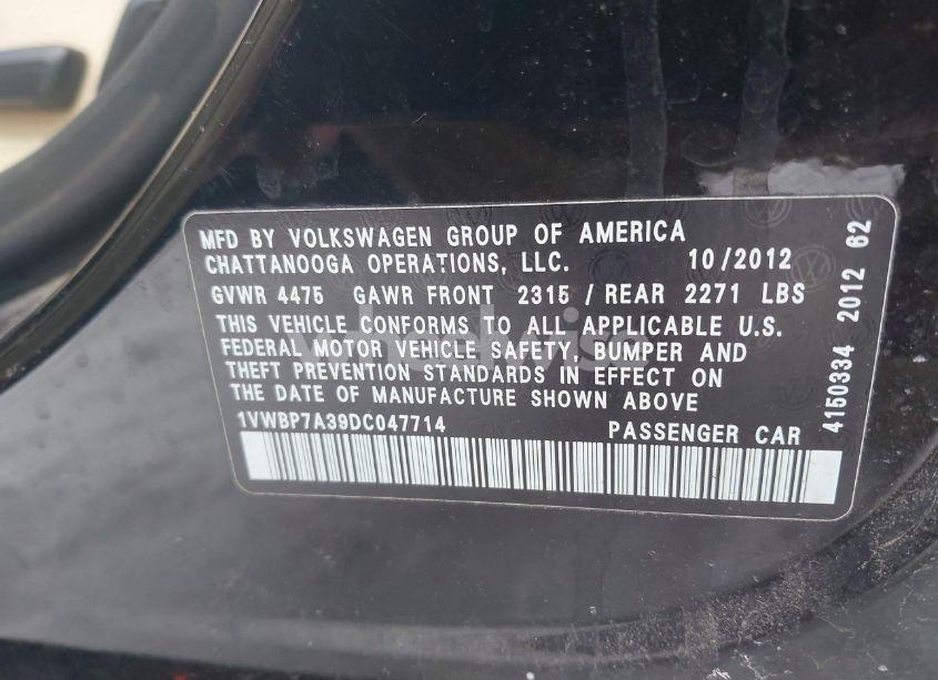 Photo 9 of 2013 Volkswagen Passat 2.5L SE (VIN 1VWBP7A39DC047714)