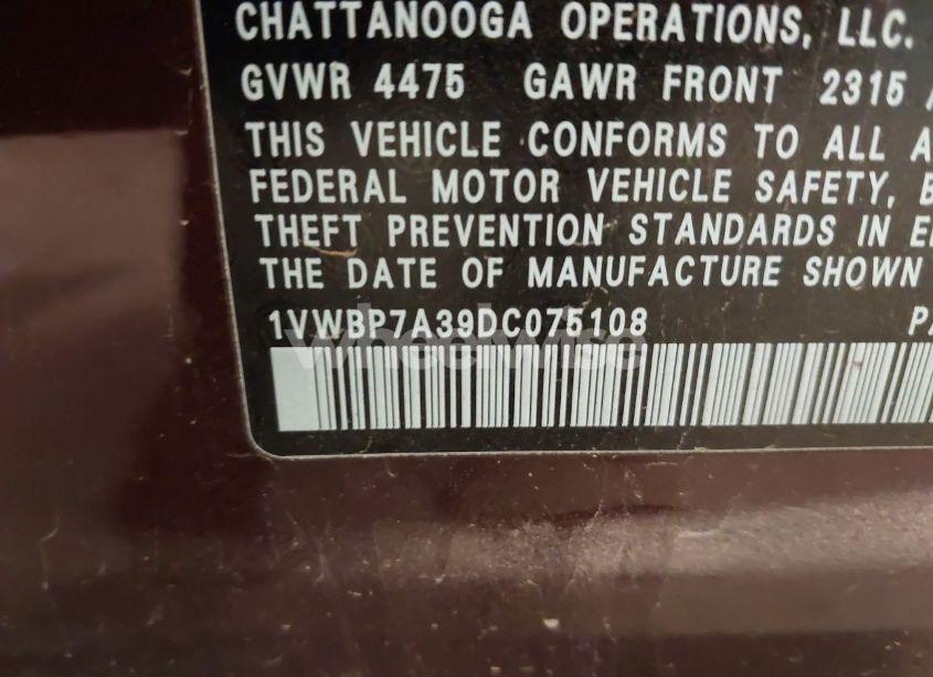 Photo 9 of 2013 Volkswagen Passat 2.5L SE (VIN 1VWBP7A39DC075108)