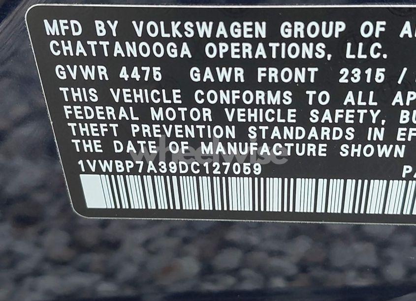 Photo 9 of 2013 Volkswagen Passat 2.5L SE (VIN 1VWBP7A39DC127059)