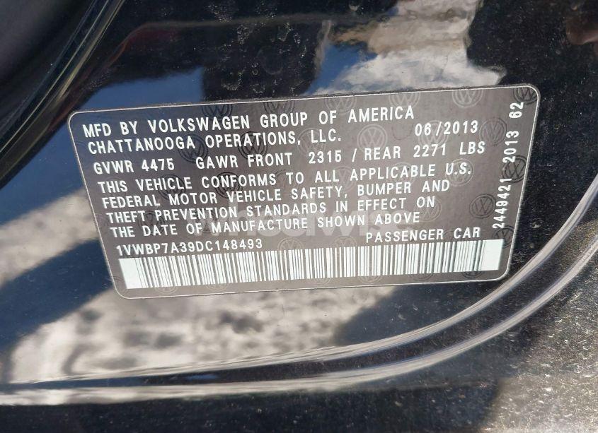 Photo 9 of 2013 Volkswagen Passat 2.5L SE (VIN 1VWBP7A39DC148493)