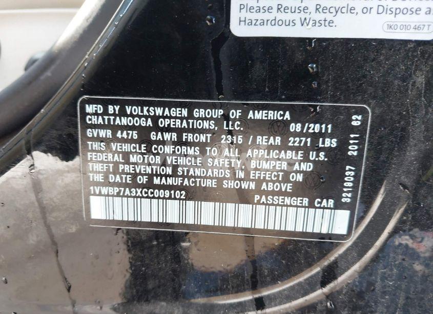 Photo 9 of 2012 Volkswagen Passat 2.5L SE (VIN 1VWBP7A3XCC009102)