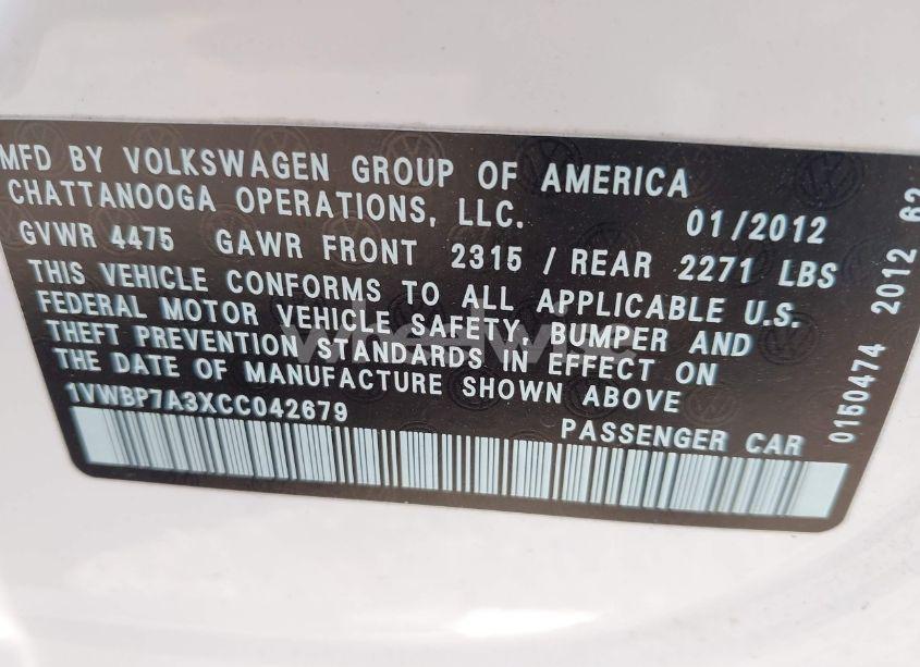 Photo 9 of 2012 Volkswagen Passat 2.5L SE (VIN 1VWBP7A3XCC042679)