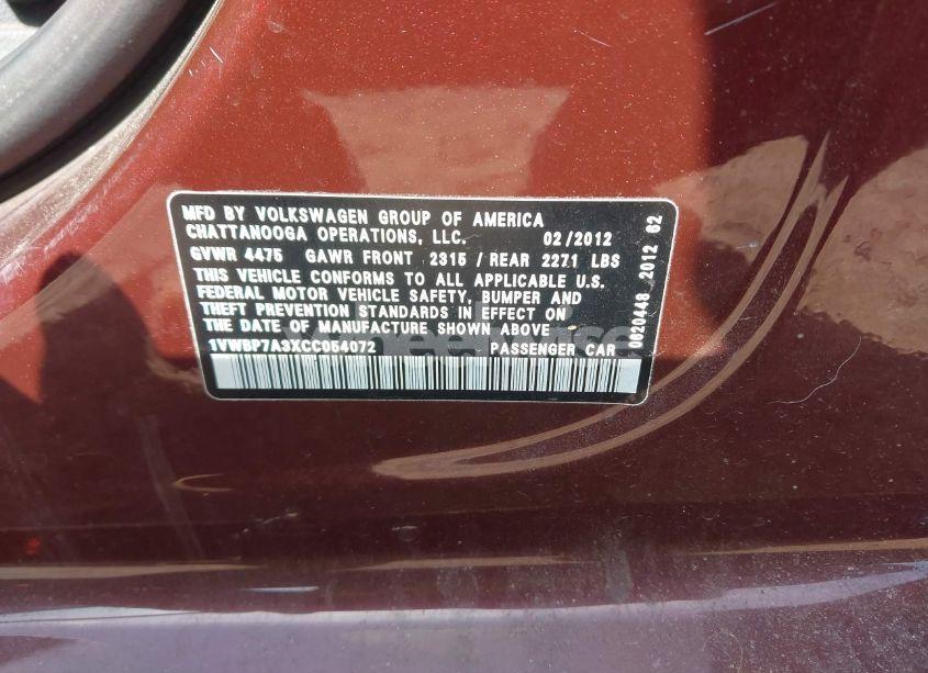 Photo 9 of 2012 Volkswagen Passat 2.5L SE (VIN 1VWBP7A3XCC054072)