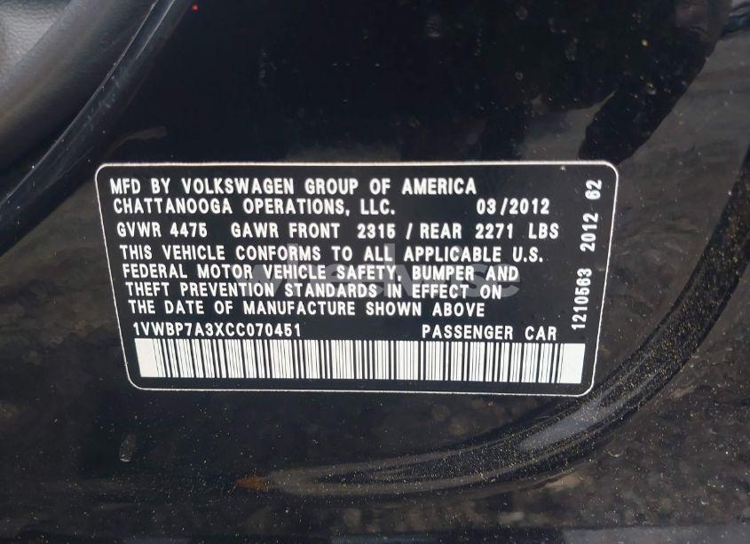 Photo 9 of 2012 Volkswagen Passat 2.5L SE (VIN 1VWBP7A3XCC070451)