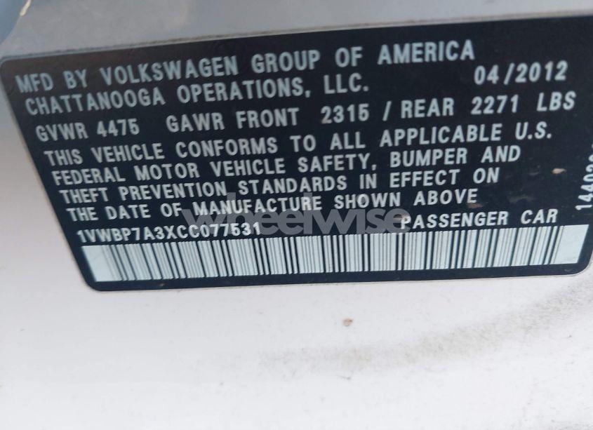 Photo 9 of 2012 Volkswagen Passat 2.5L SE (VIN 1VWBP7A3XCC077531)