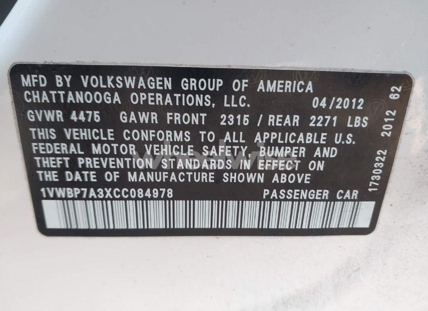Photo 9 of 2012 Volkswagen Passat 2.5L SE (VIN 1VWBP7A3XCC084978)