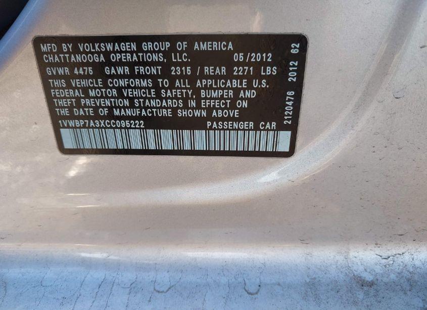 Photo 9 of 2012 Volkswagen Passat 2.5L SE (VIN 1VWBP7A3XCC095222)