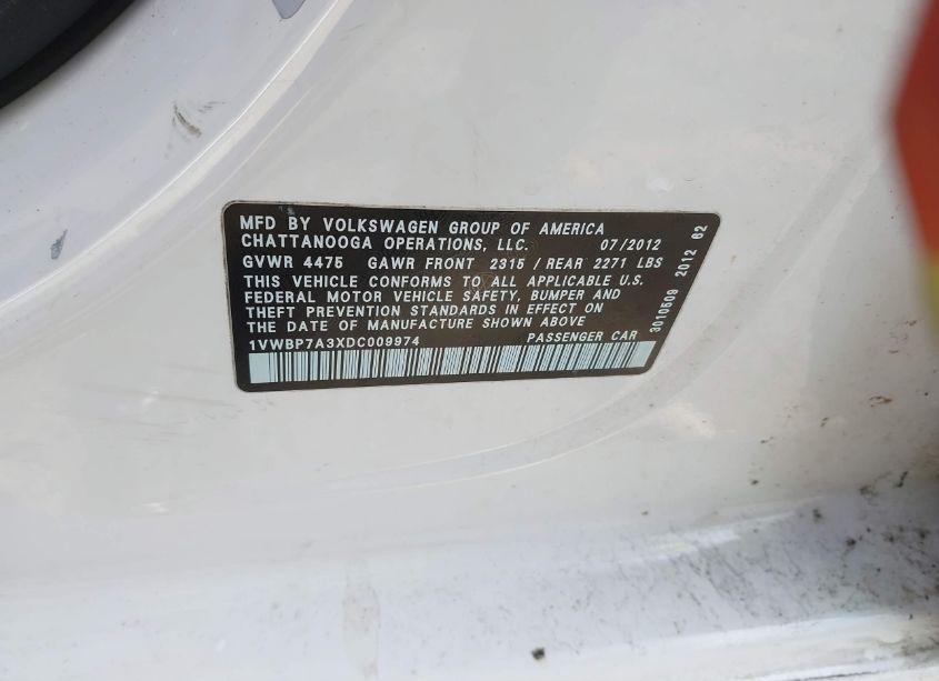 Photo 9 of 2013 Volkswagen Passat 2.5L SE (VIN 1VWBP7A3XDC009974)