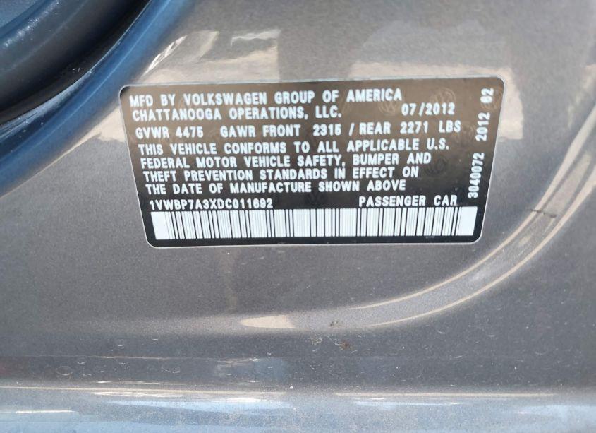 Photo 9 of 2013 Volkswagen Passat 2.5L SE (VIN 1VWBP7A3XDC011692)