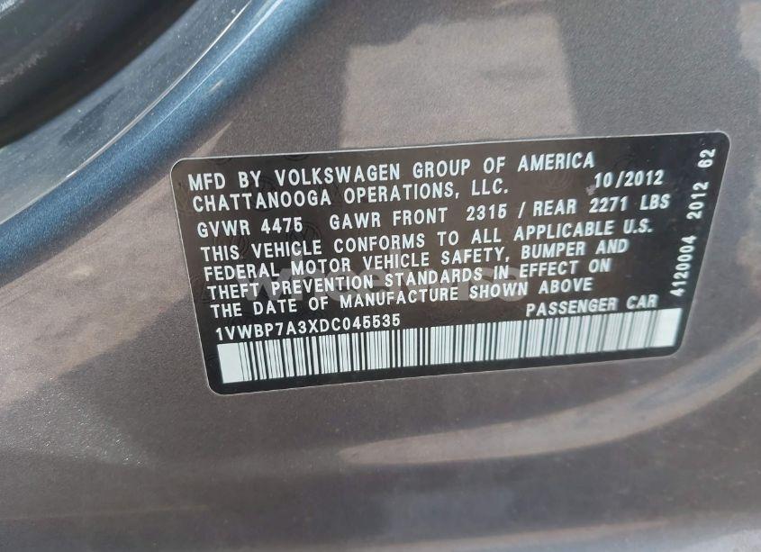 Photo 9 of 2013 Volkswagen Passat 2.5L SE (VIN 1VWBP7A3XDC045535)