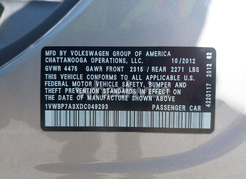 Photo 9 of 2013 Volkswagen Passat 2.5L SE (VIN 1VWBP7A3XDC049293)